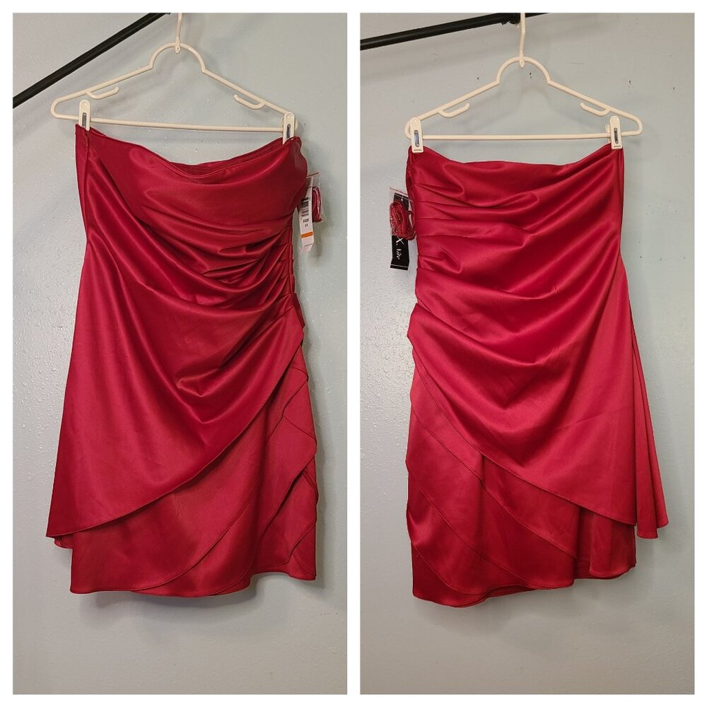 Red satin cocktail dress.